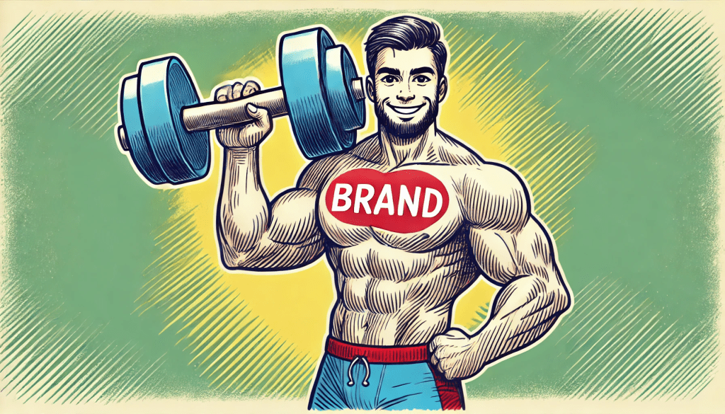 Strong man with the word "Brand" on his chest showing a strong brand identity.  